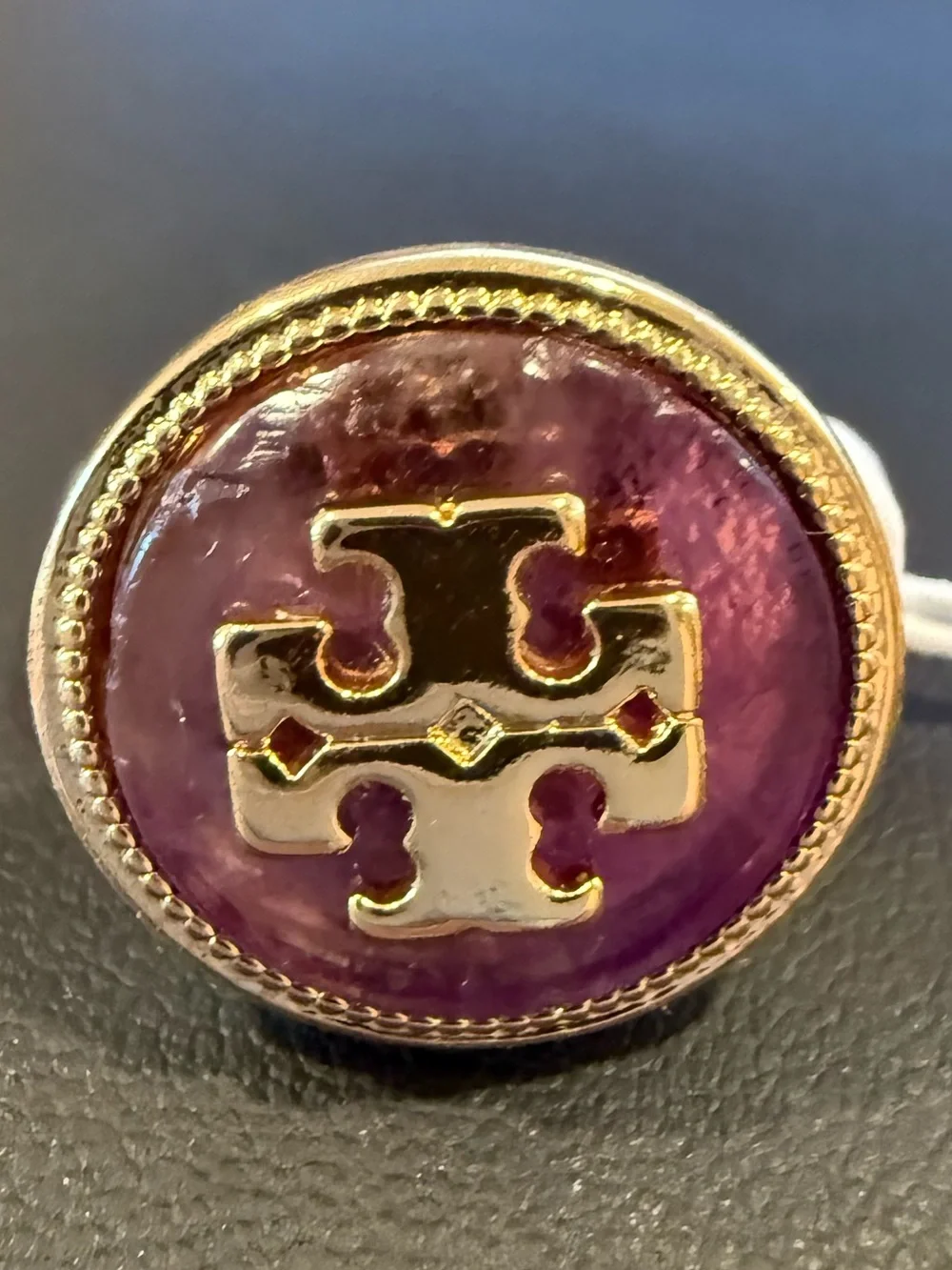 Tory Burch | Gold Plated Logo & Natural Purple Stone Ring | Size 8